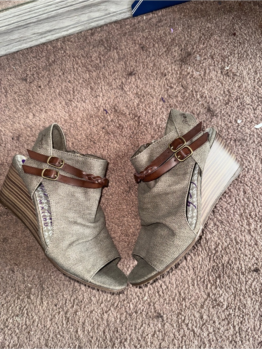 Blowfish Taupe Peep-Toe Wedge Booties with Brown Strap Accents size 8.5